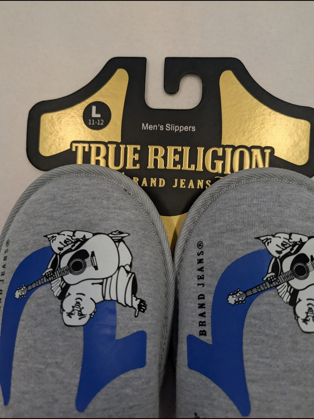 True Religion Men's Gray Slippers Blue Logo Cushioned NWT Size 11-12